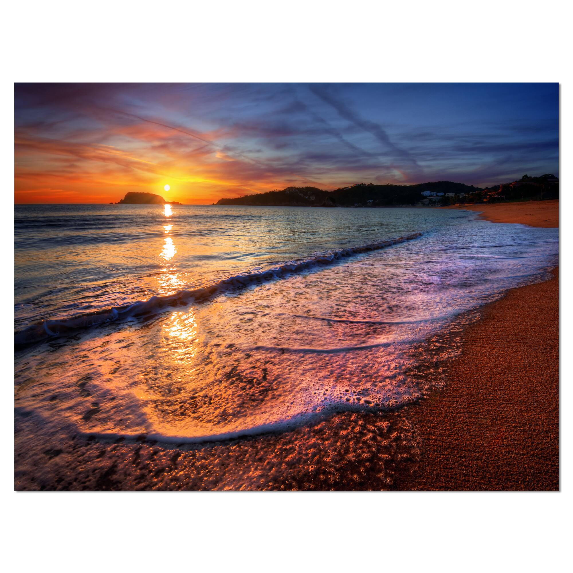 Designart - Foaming Waves at Beautiful Sunset